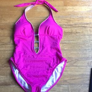 One piece women’s bathing suit bright pink silver trim rhinestone connectors